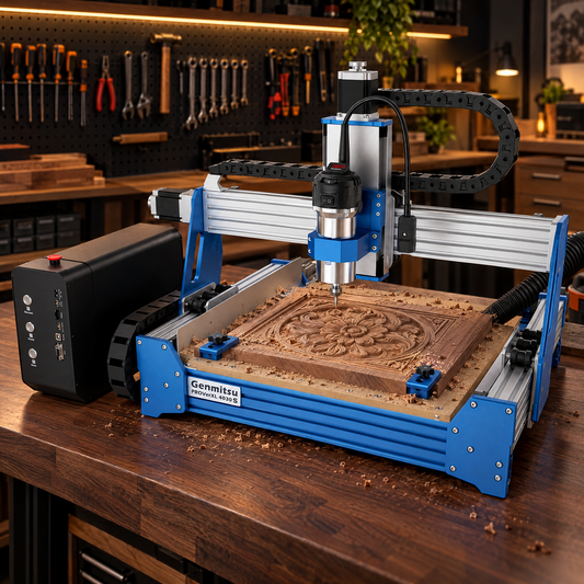 Genmitsu PROVerXL 4030S CNC router carving wood on a workbench