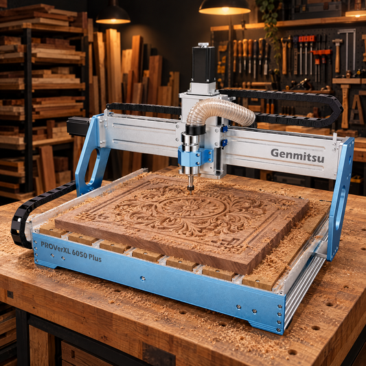Genmitsu PROVerXL 6050 Plus CNC router carving wood in a woodshop