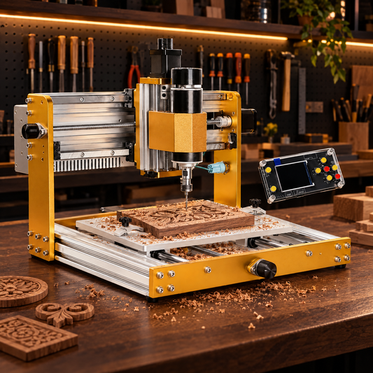 3018 Pro Ultra CNC router carving wood on a workbench