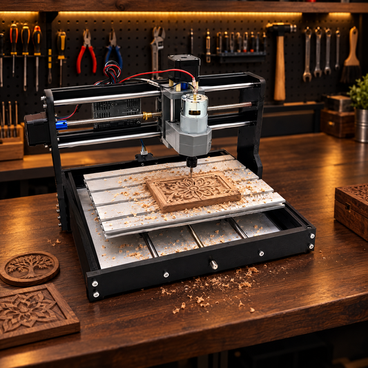 Dobtian 3018 PRO CNC router carving wood on a workbench